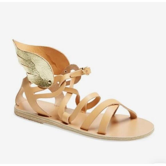 Ancient Greek Nephele Wing Leather Flats Sandals Gold Tan Platinum 41 Size 11 - Picture 2 of 12